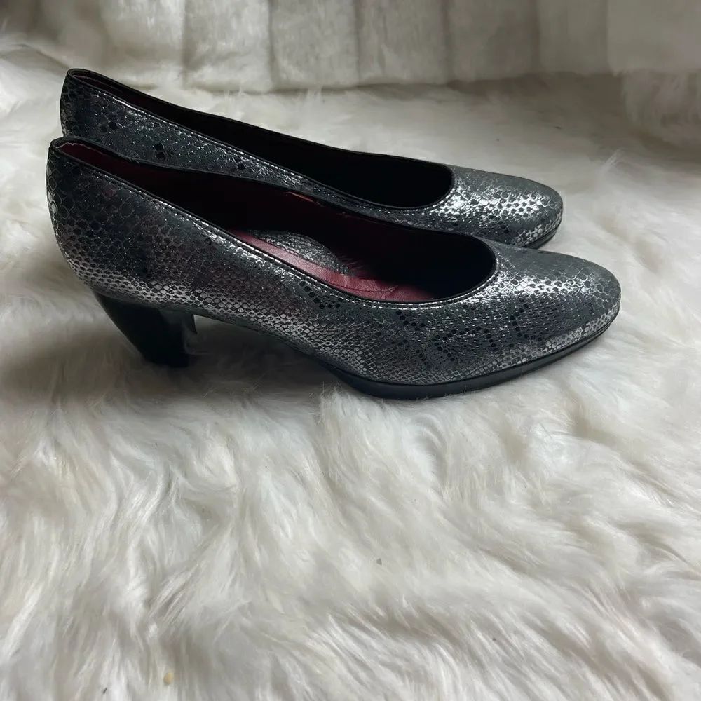 - Ara metallic gray leather snake skin prints slip on 2.5 heels rubber sol…
